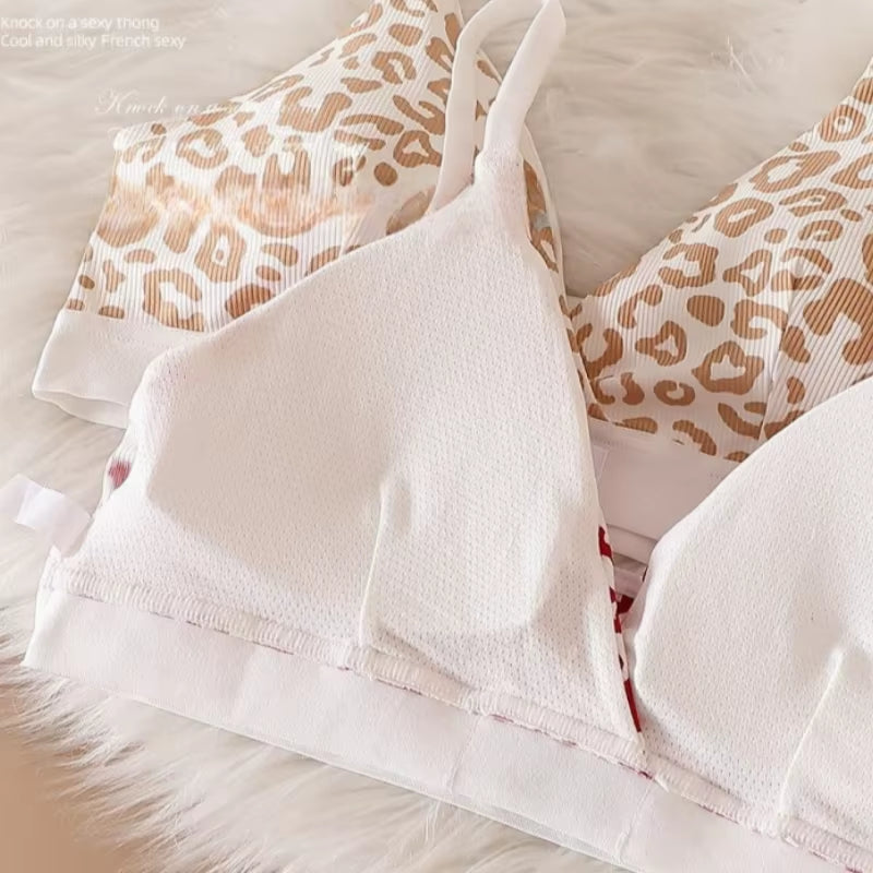 Women Seamless Bra Set Low Waist Panties Leopard Bralette Sexy Lingerie Set Vneck Sport Brassiere Female Cotton Underwear Set