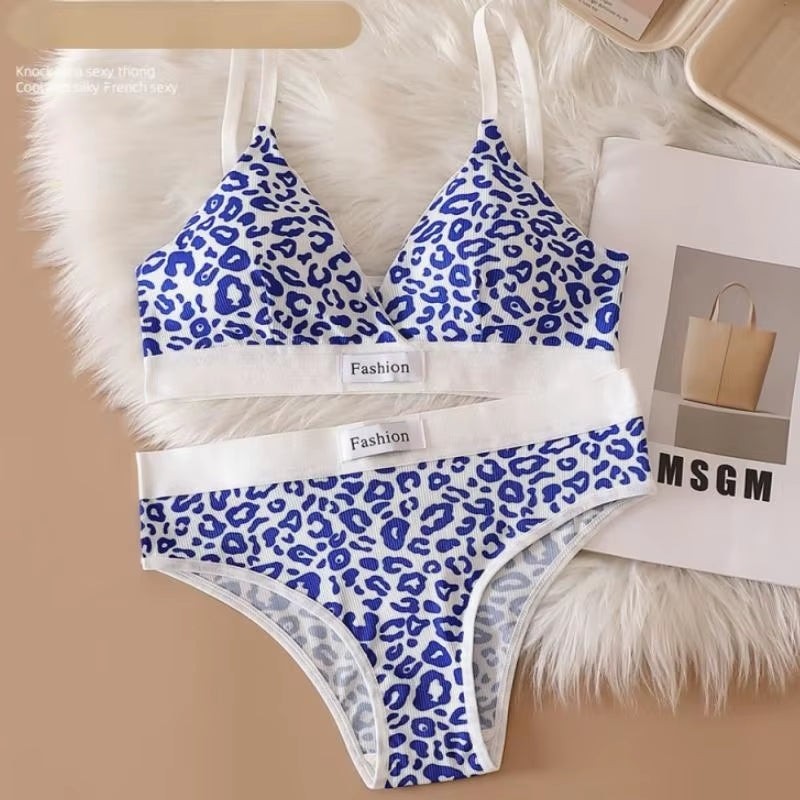 Women Seamless Bra Set Low Waist Panties Leopard Bralette Sexy Lingerie Set Vneck Sport Brassiere Female Cotton Underwear Set