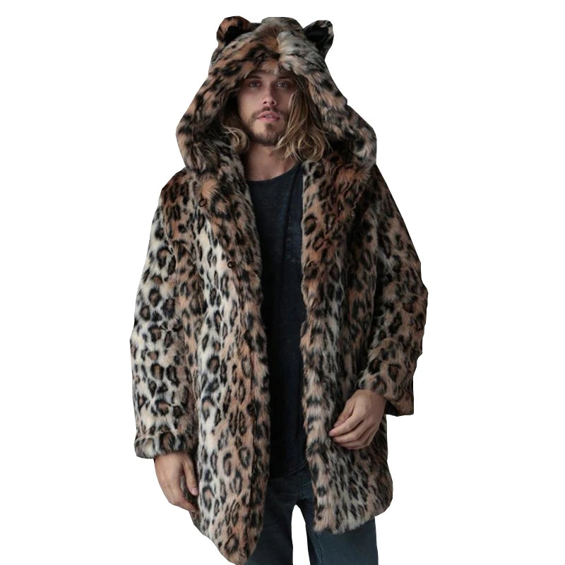 Plus Size Faux Fur Jacket For Men Winter Male Leopard