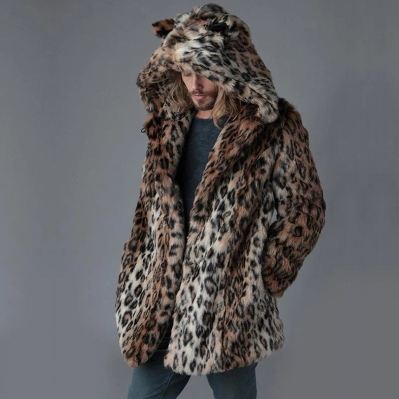 Plus Size Faux Fur Jacket For Men Winter Male Leopard