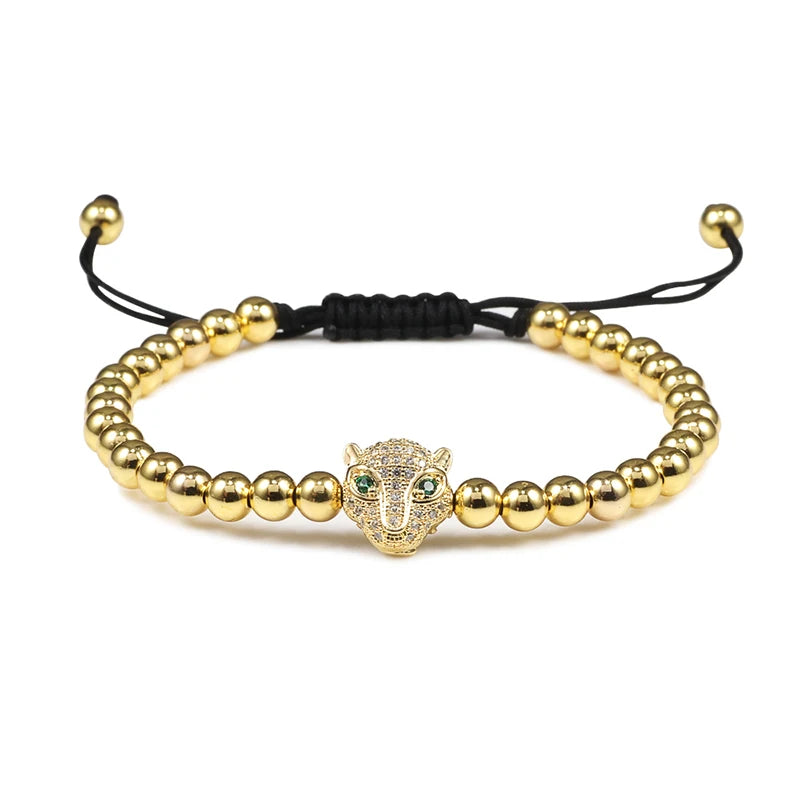 Leopard Head Charm Bracelet 5mm Copper Beads