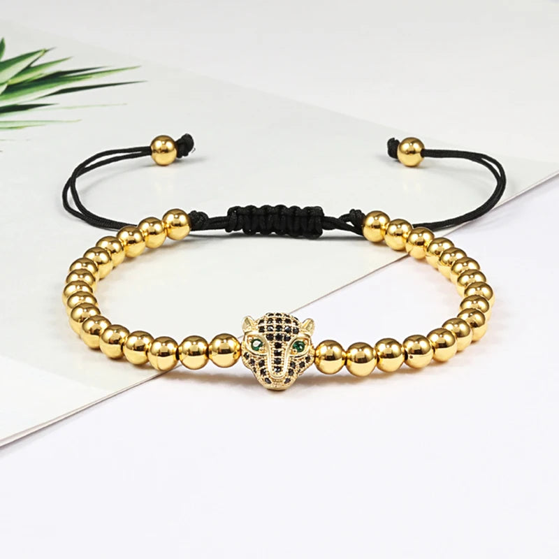 Leopard Head Charm Bracelet 5mm Copper Beads