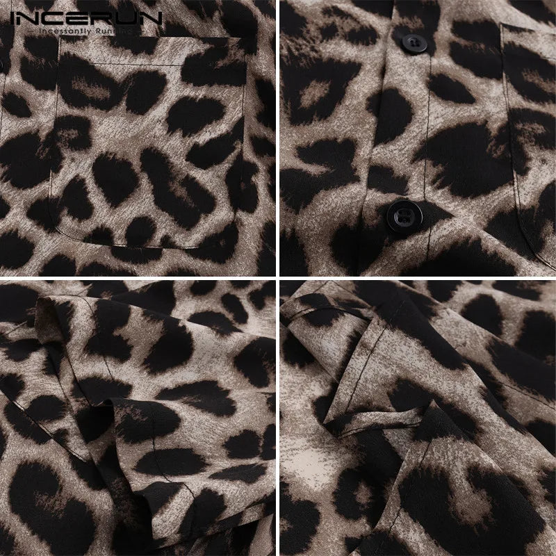 Casual Leopard Printed Men Shirt Short Sleeve Party