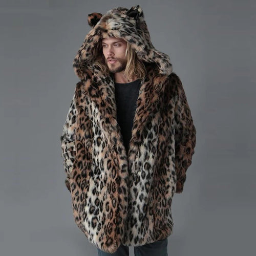 Plus Size Faux Fur Jacket For Men Winter Male Leopard