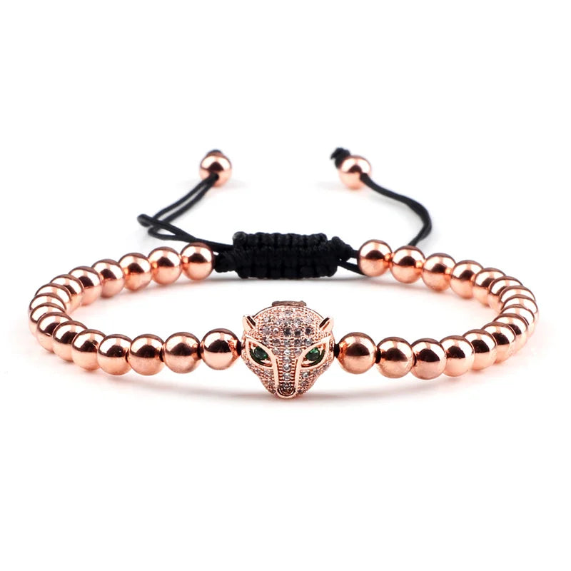 Leopard Head Charm Bracelet 5mm Copper Beads