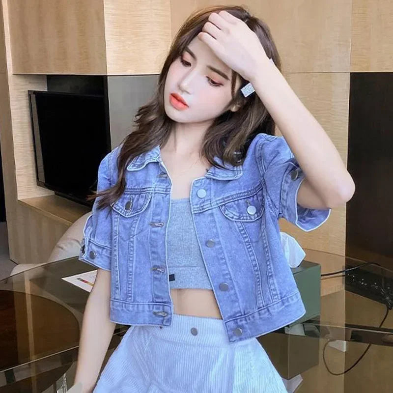 Fashion Buttons Casual Jean Coat Cropped Denim Jacket Women Summer Loose Korean Solid Short Sleeve Turn Down Collar Outerwear
