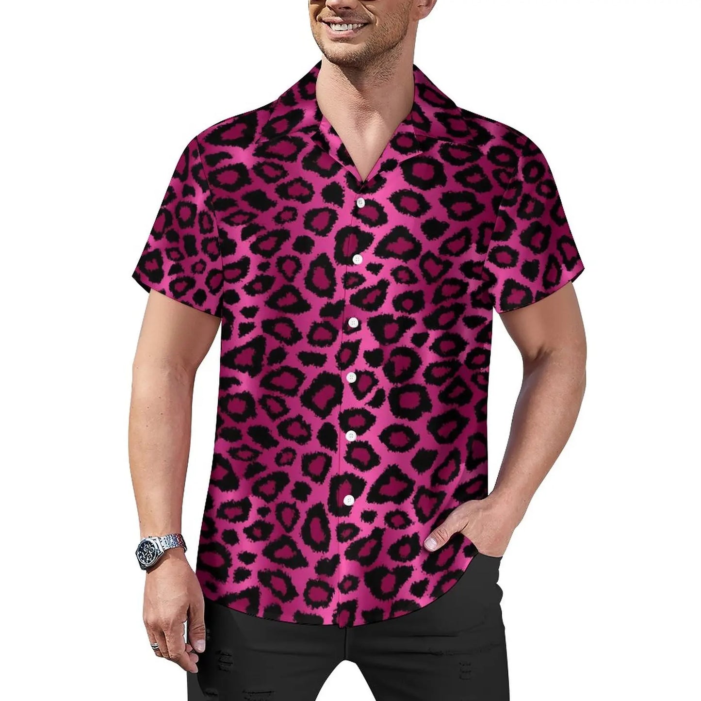 Hawaiian Sexy Red Leopard Spots Men's Shirts For Man