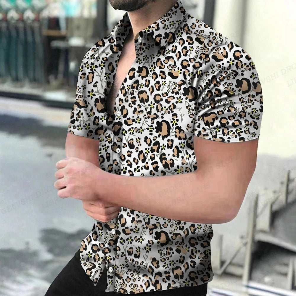 Summer Men's Hawaiian Shirts Lapel Camisa Leopard