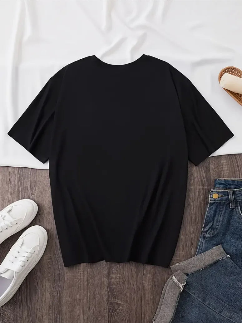 Plus Size Letter Print T-shirt, Casual Crew Neck Short Sleeve Top For Spring & Summer, Women's Plus Size Clothing