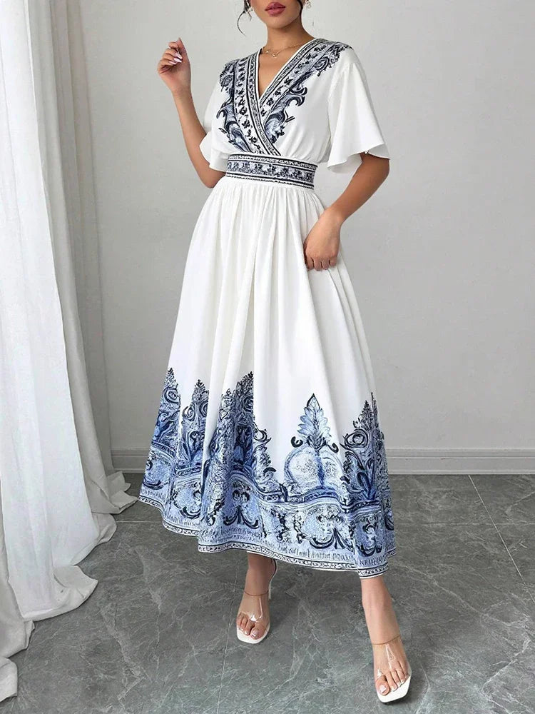 Rafiah Boutique Women's Summer White Midi Dress 2025 V-Neck Short Sleeve with Blue Embroidery and A-Line Silhouette Casual Wear