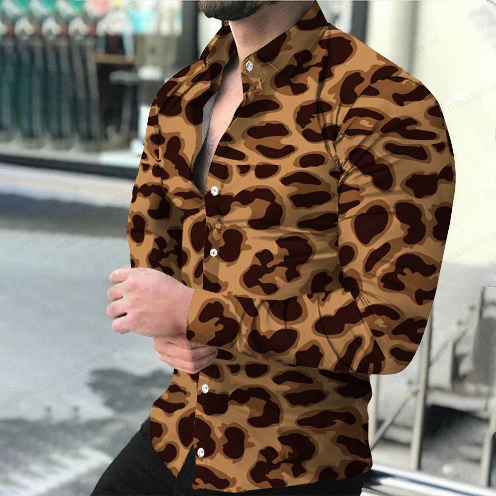 Leopard Hawaii Shirts Men Fashion Shirt Long Sleeve