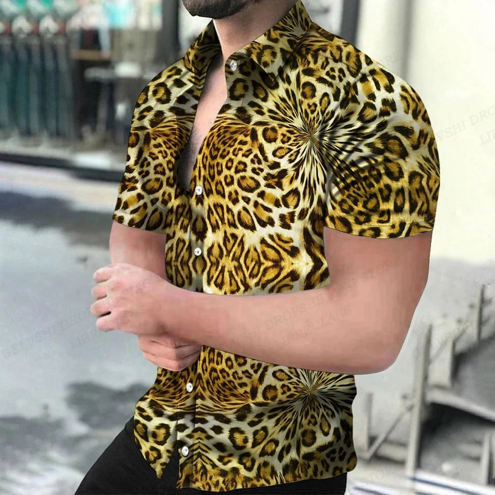 Summer Men's Hawaiian Shirts Lapel Camisa Leopard