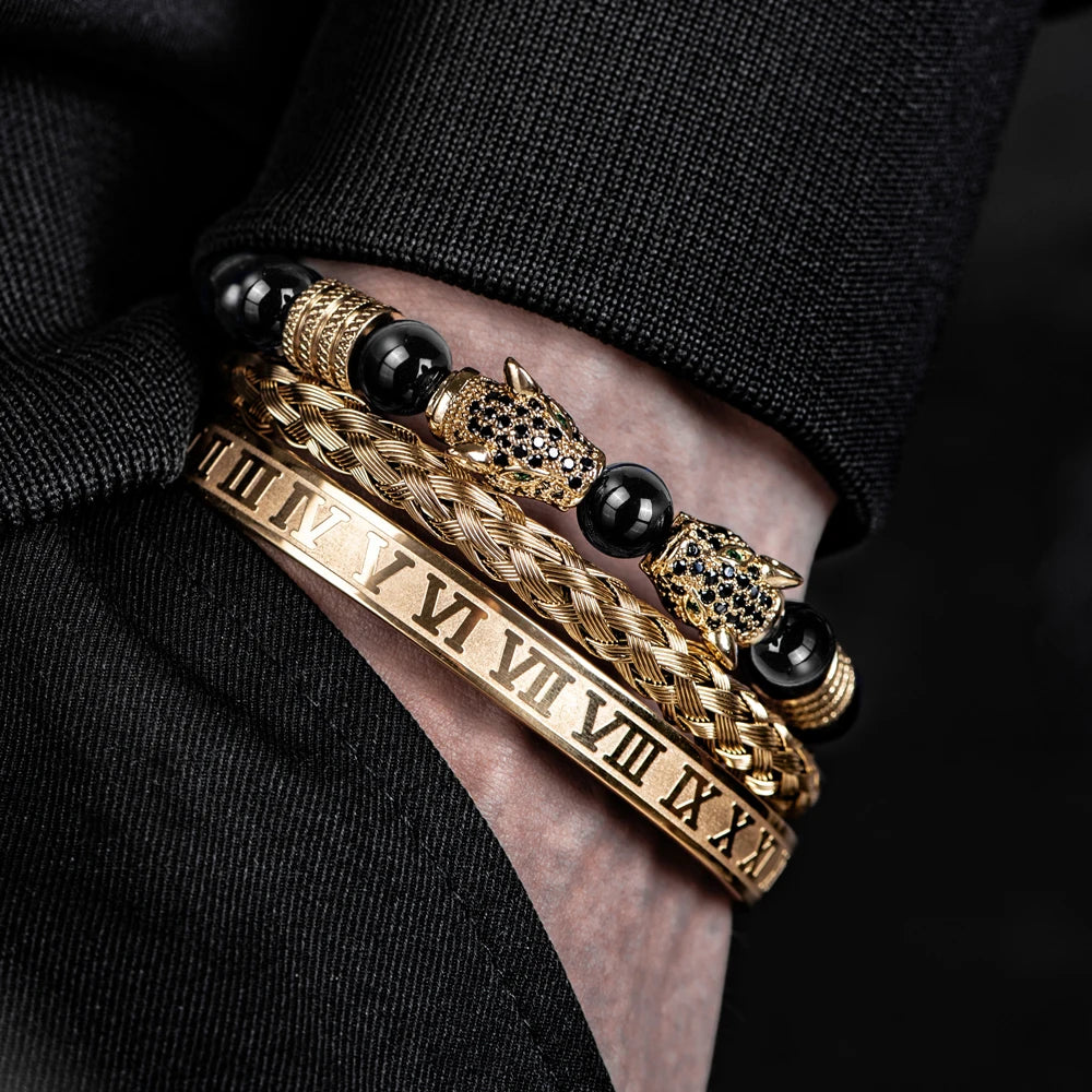 3PCS Mens Premium Black Agate Beaded Bracelet Set