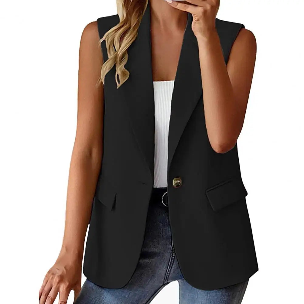 Women Summer Waistcoat Sleeveless Business Vest Coat Solid Color Lapel Pockets Single Button Straight Formal Style Commute Coat