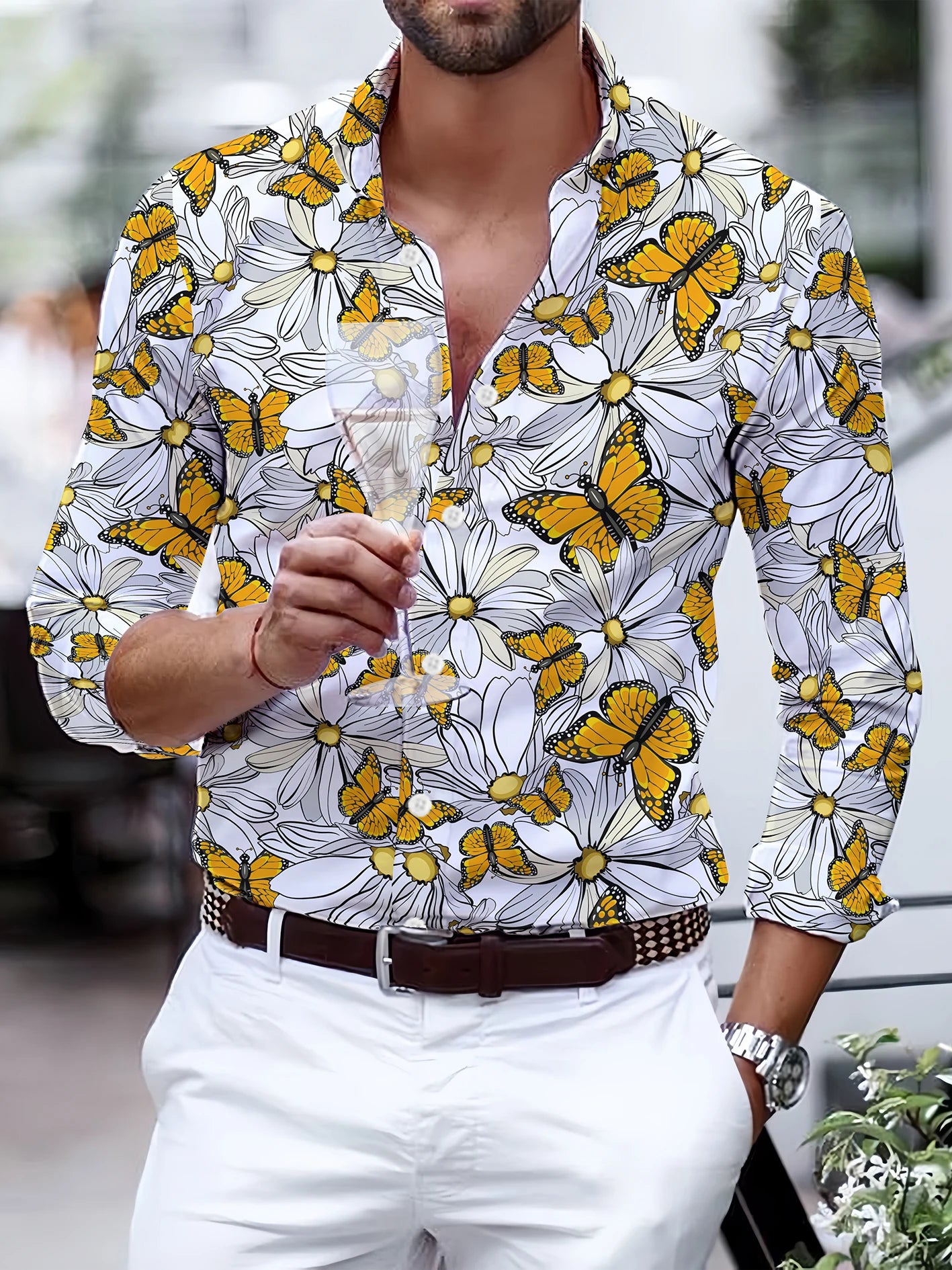 Fashion Tiger Chain Leopard Pattern Feather Digital Print Men's Long Sleeved Shirt Leisure Party Street Hawaiian Polo Neck Shirt