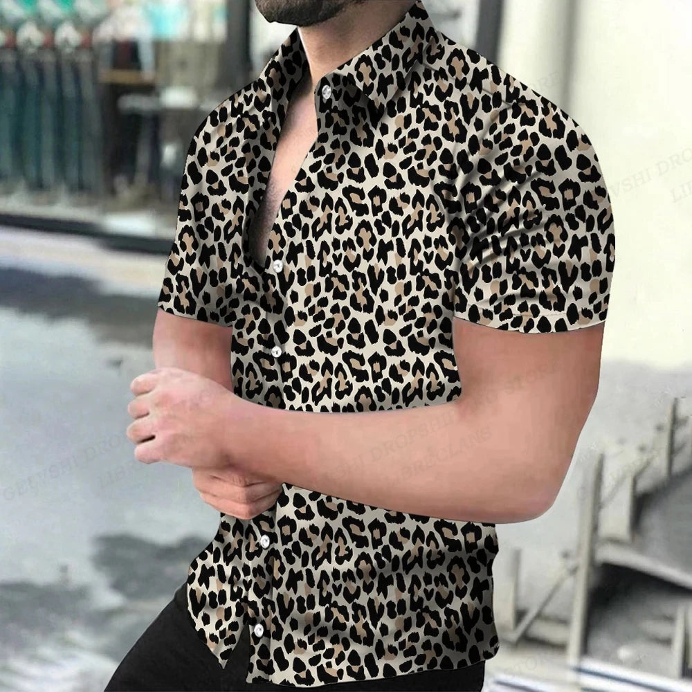 Summer Men's Hawaiian Shirts Lapel Camisa Leopard