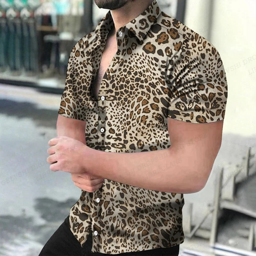 Summer Men's Hawaiian Shirts Lapel Camisa Leopard