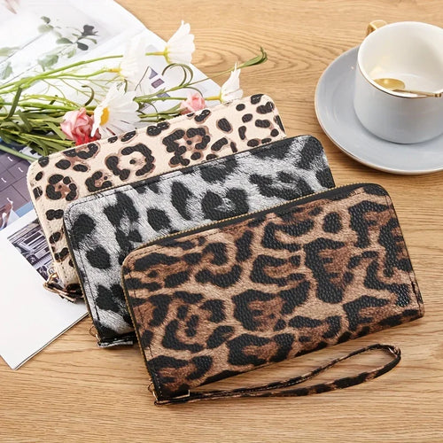 Leopard print vintage long wrist wallet fashion and versatile