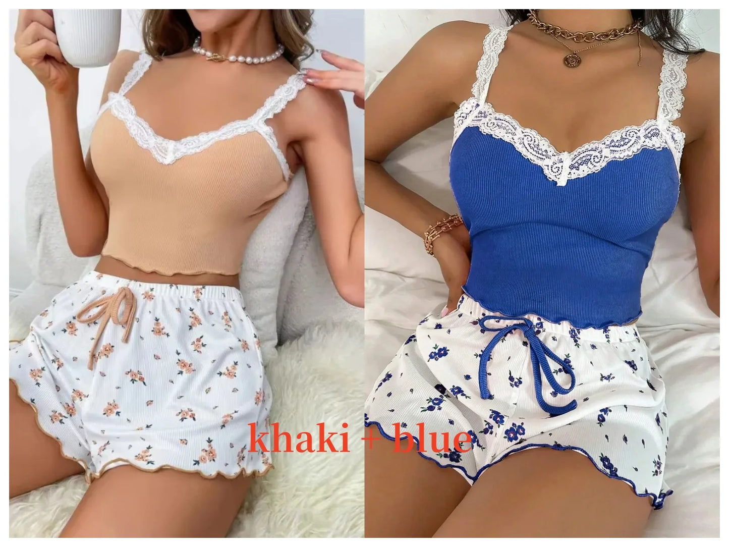 Women 2psc Pajama Set Pink Lace Patchwork V-Neck