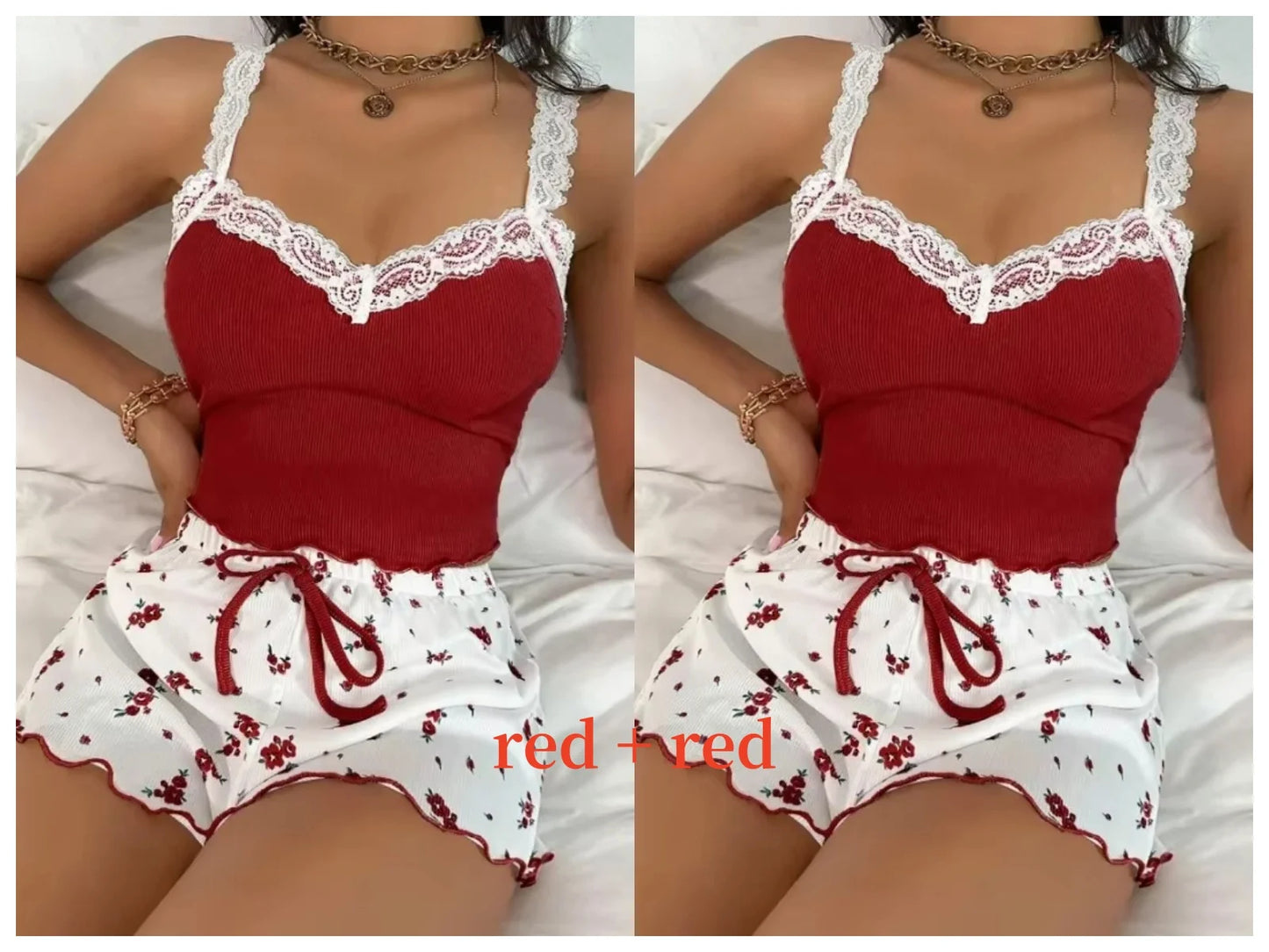 Women 2psc Pajama Set Pink Lace Patchwork V-Neck