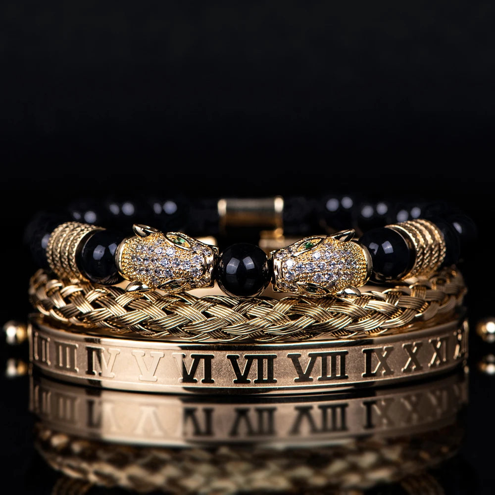 3PCS Mens Premium Black Agate Beaded Bracelet Set