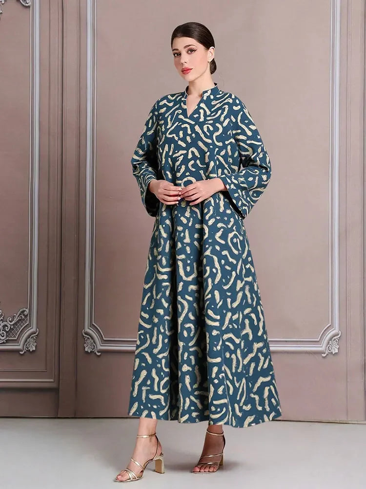 Rafiah Select Women's Dresses Summer Midi A Line Long Dresses Korean Elegant Decent Fashion 2025 Full Print Long Sleeve V-Neck