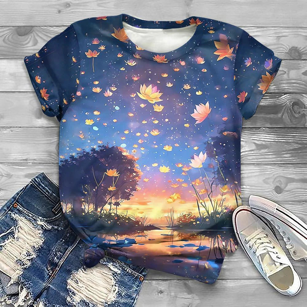 Flower Floral Pattern 3D Print T-Shirts Women Casual O-Neck Short Sleeve T Shirt Y2k Harajuku Tee Streetwear Top Female Clothing