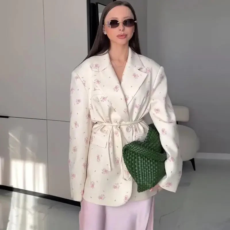 Floral Fashion Belts Blazer Coat Women Shoulder Pads Single Breasted Notched Long Sleeve Street Jacket 2025 Spring Holiday Party