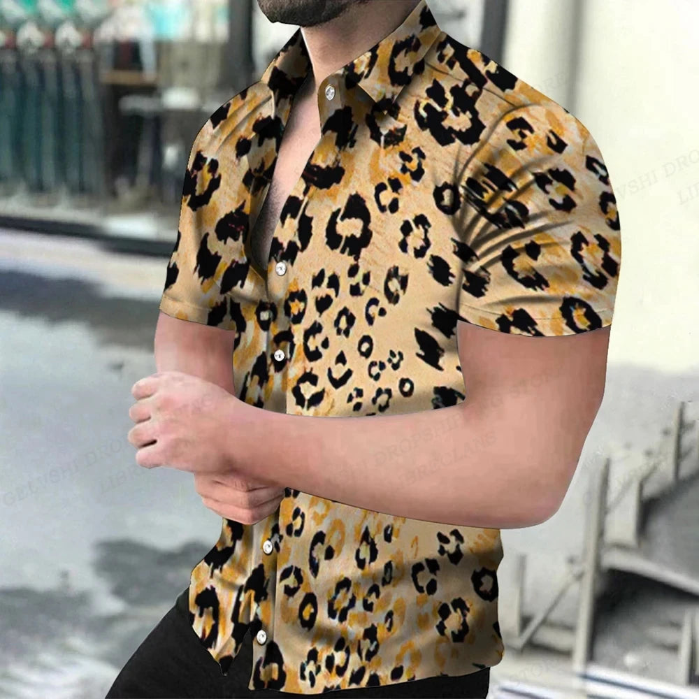 Summer Men's Hawaiian Shirts Lapel Camisa Leopard