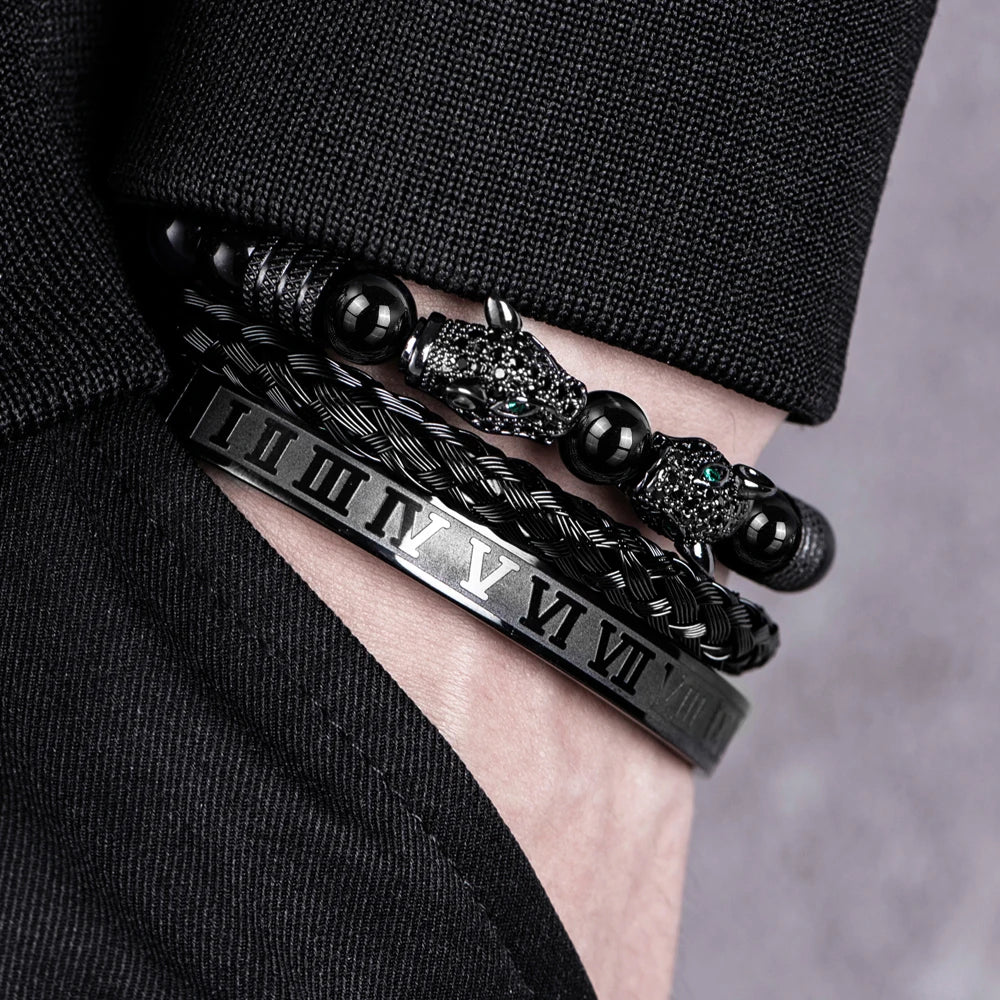 3PCS Mens Premium Black Agate Beaded Bracelet Set