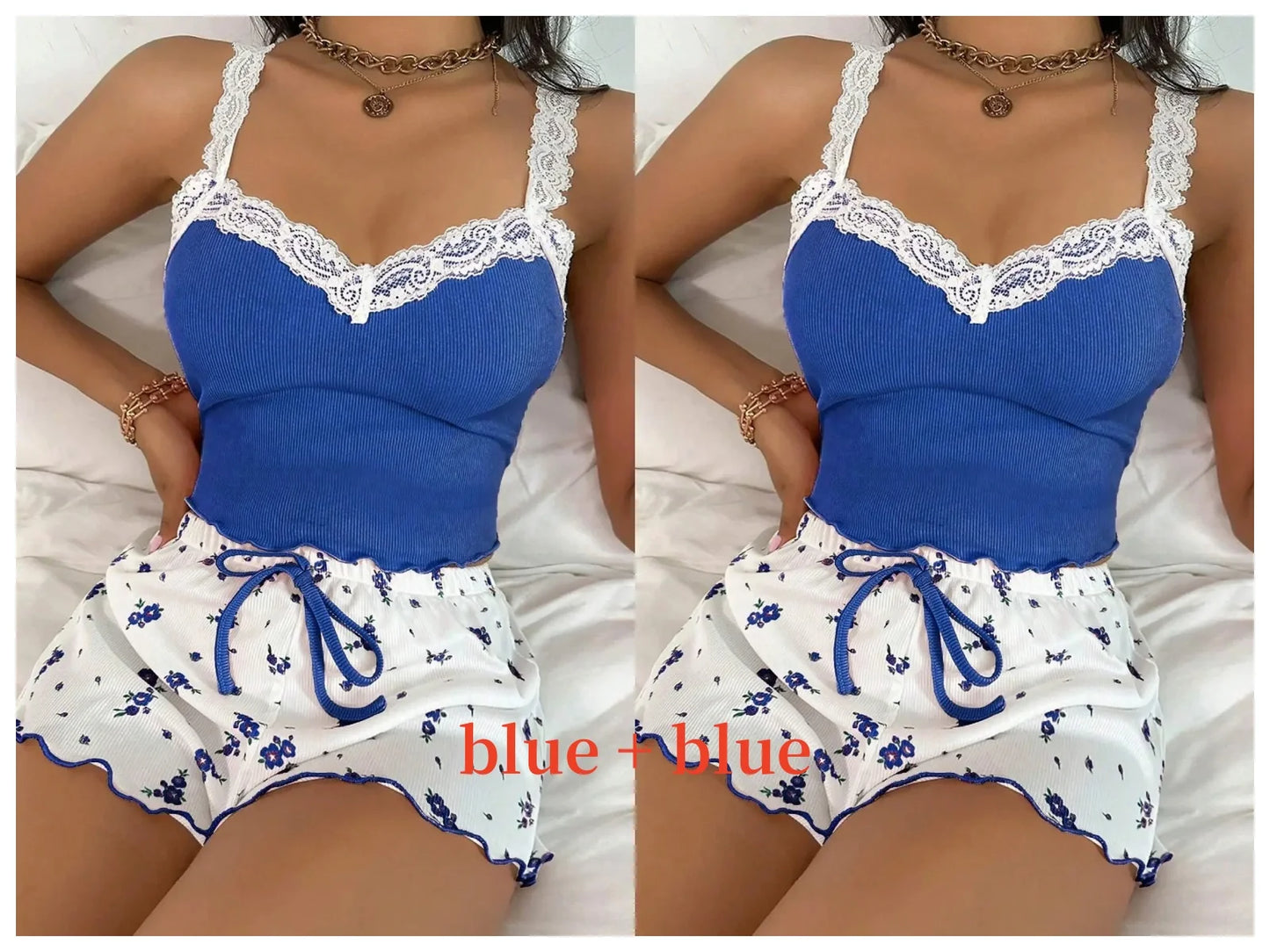 Women 2psc Pajama Set Pink Lace Patchwork V-Neck