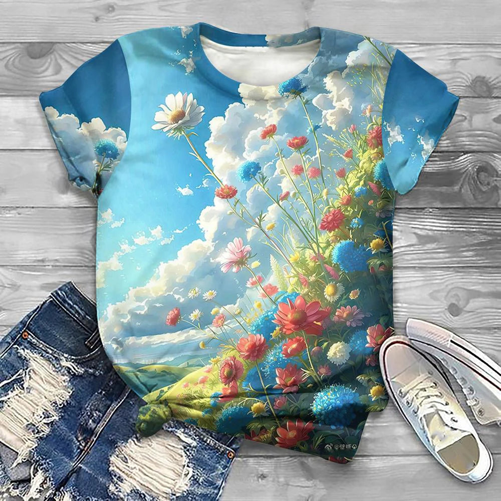 Flower Floral Pattern 3D Print T-Shirts Women Casual O-Neck Short Sleeve T Shirt Y2k Harajuku Tee Streetwear Top Female Clothing