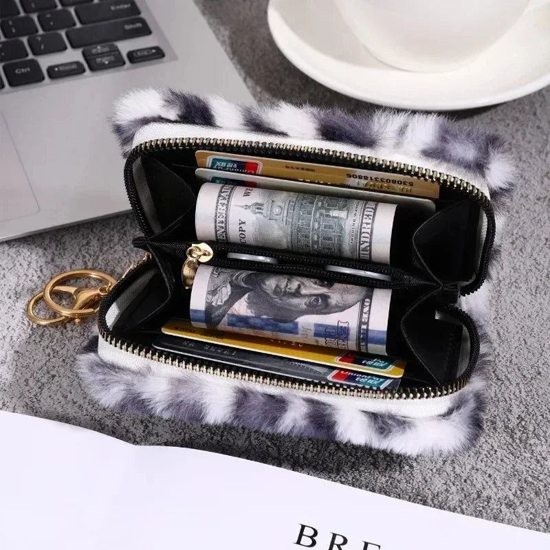 Fashion Leopard Print Plush Short Wallet with Keychain