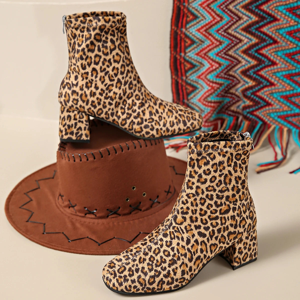 Plus Size Fashion Leopard Ankle Boots for Women
