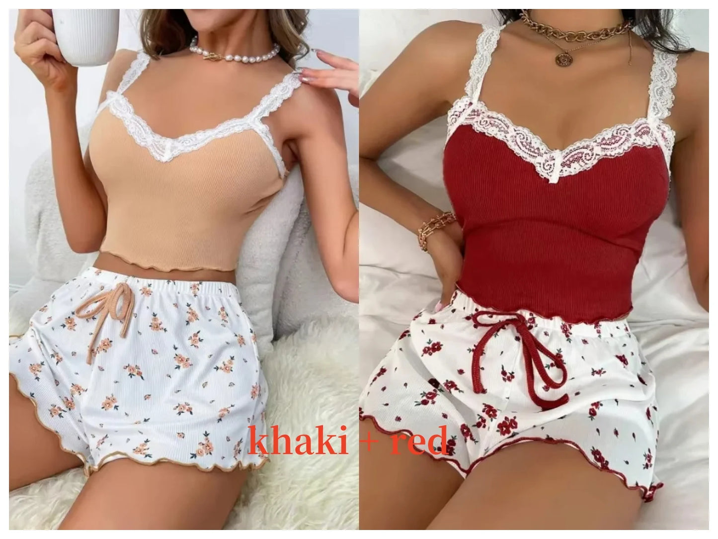 Women 2psc Pajama Set Pink Lace Patchwork V-Neck