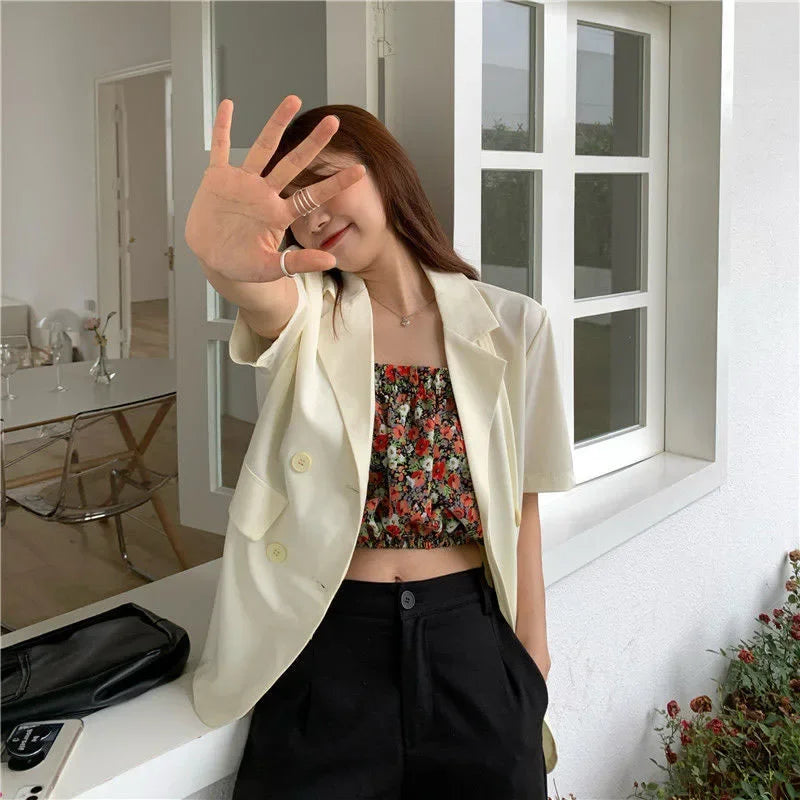 SMVP 2025 Women's Summer Short-sleeved Jacket Casual All-match Loose Double-breasted Blazers Coat Woman Korean Chic White Blazer