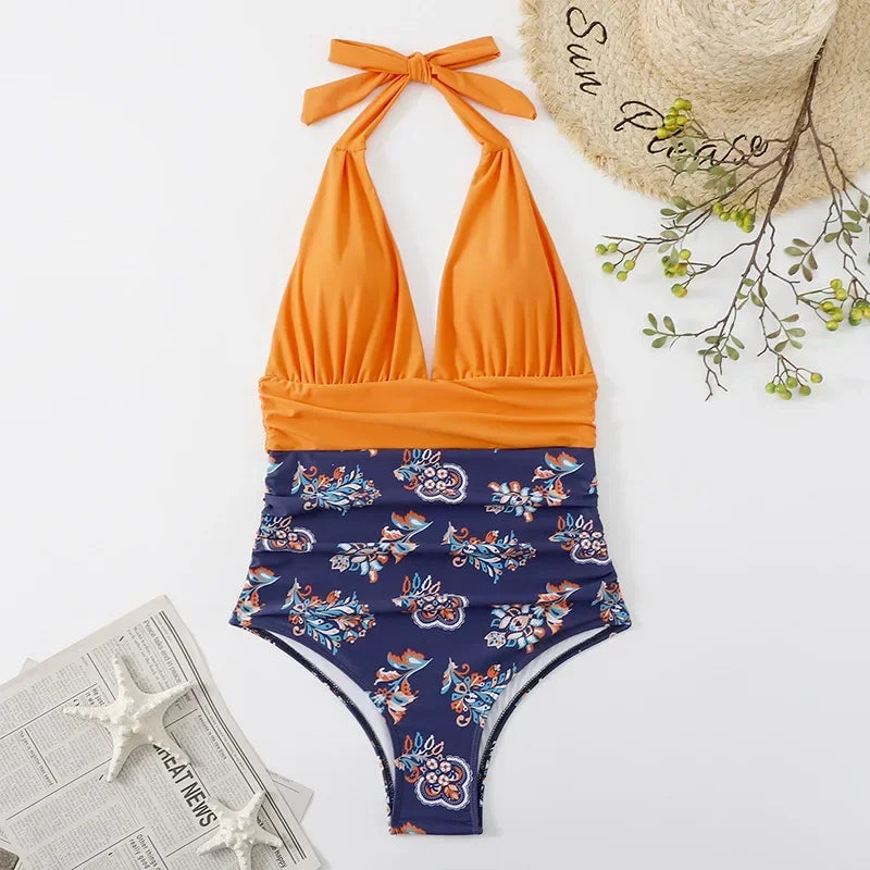 Fashion Printed One Piece Swimsuit Women Bathing Suit Sexy Bikinis Swimming Suits Ladies Beachwear Backless Lace Up Swimwear