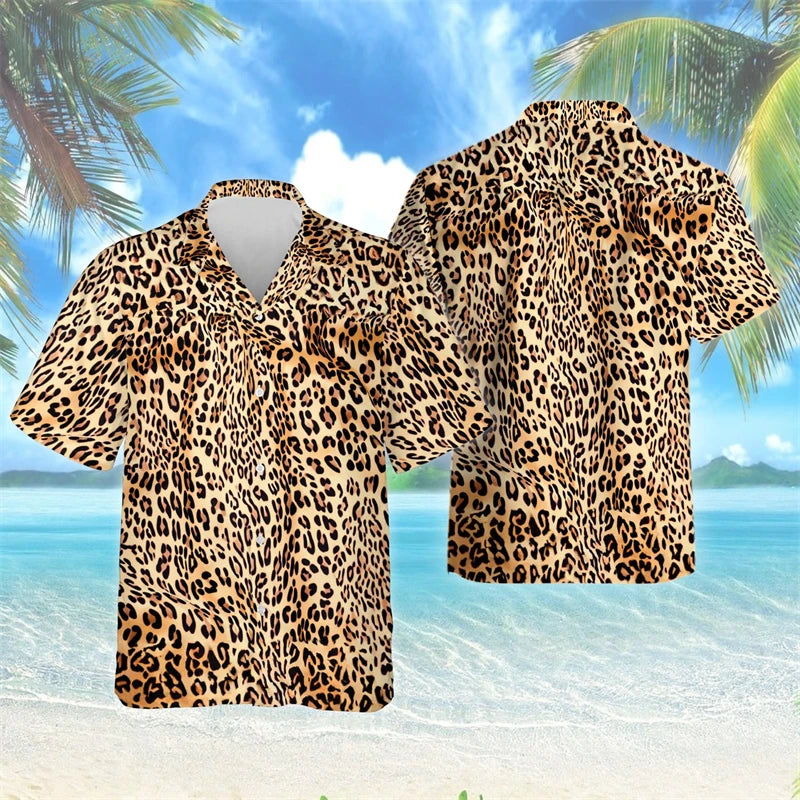 Female Leopard Graphic Lapel Blouse Fashion Male Streetwear Hip Hop Shirt For Men Clothes Wild Animal Short Sleeve Cheetah Top