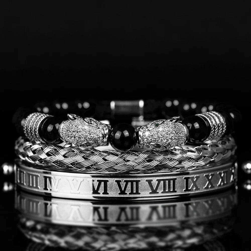 3PCS Mens Premium Black Agate Beaded Bracelet Set