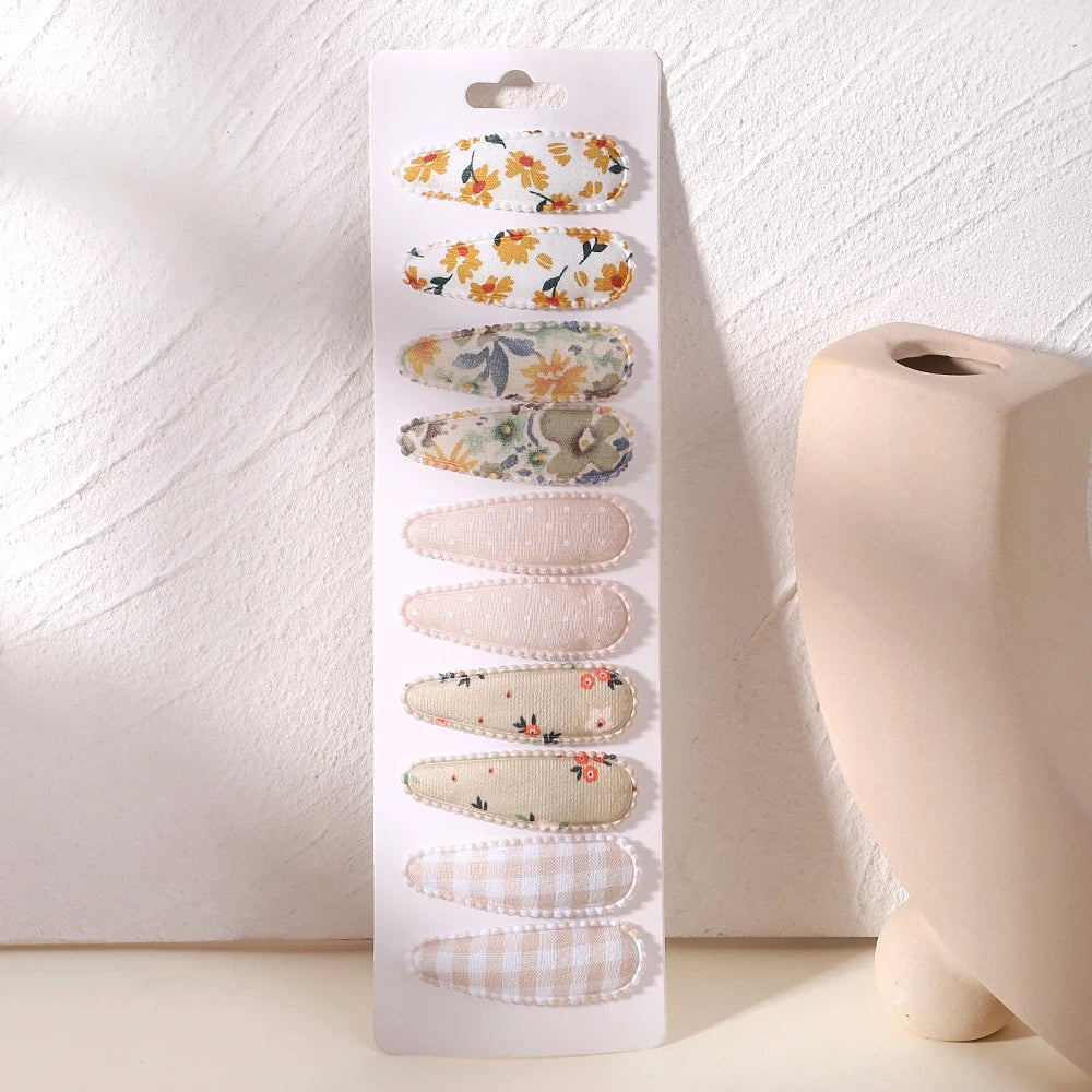 10Pcs/Lot Fresh Print Cotton Alloy Hair Clips for Kids Fabric