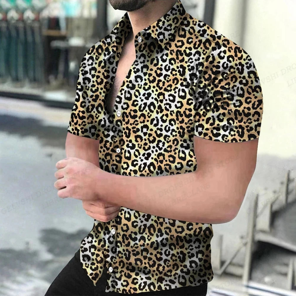 Summer Men's Hawaiian Shirts Lapel Camisa Leopard