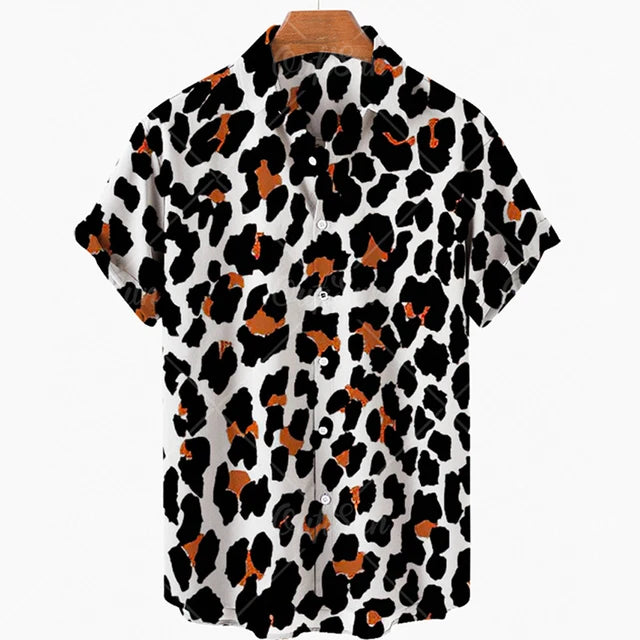 Short Sleeve Leopard Men's Shirts For Man Clothing Hawaiian Fashion 3D Print Thin Lapel Floral Casual Oversized Imported Camisa