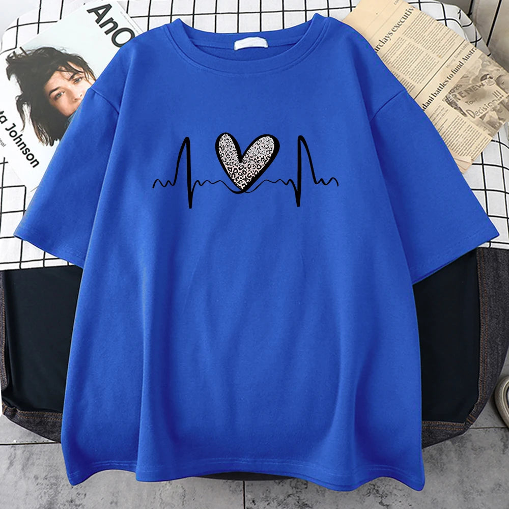 Fluctuating Leopard Heart Electrocardiogram T-Shirt Women Summer Soft Clothing Fashion Short Sleeve Plus Size Cotton Tshirts