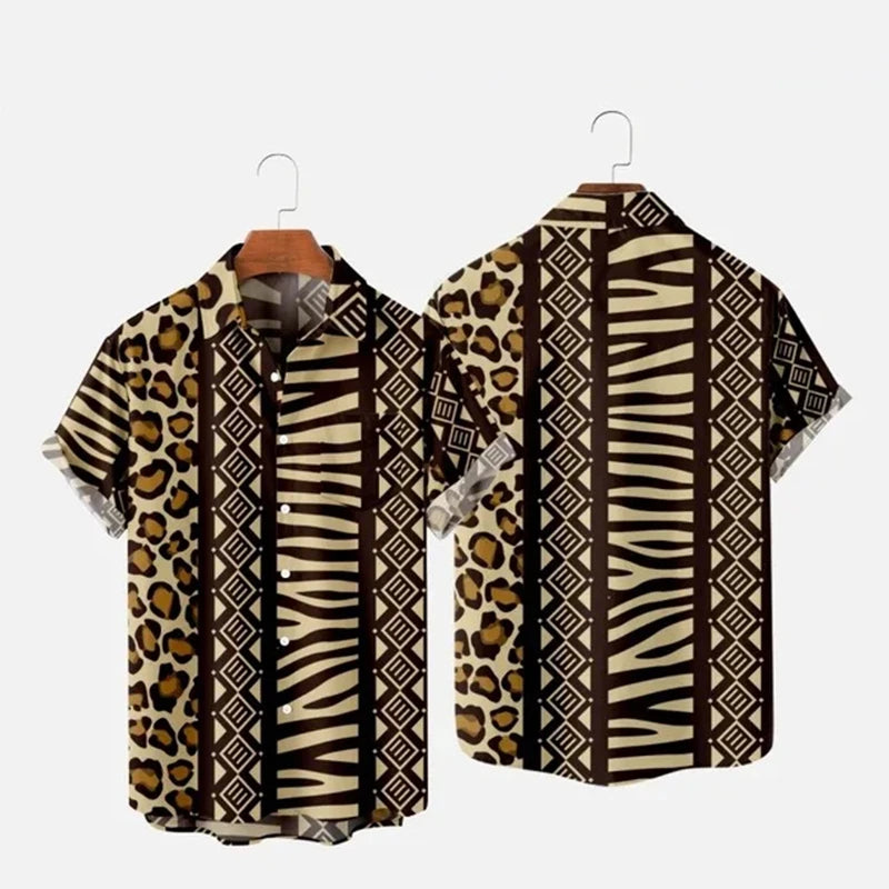 Summer Men's Hawaii Shirts y2k Tops Leopard Print Short-sleeved Harajuku Holiday Party T-shirt Casual Oversized Lapel Blouse 4XL