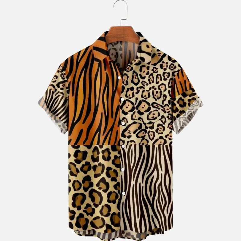 Summer Men's Hawaii Shirts y2k Tops Leopard Print Short-sleeved Harajuku Holiday Party T-shirt Casual Oversized Lapel Blouse 4XL