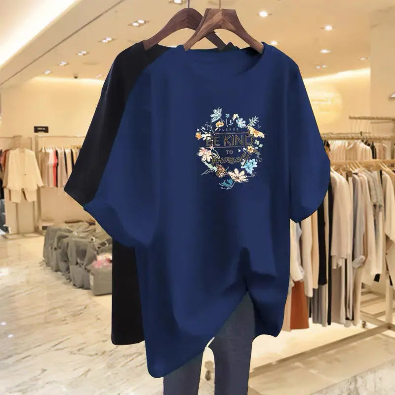 Women Clothing Floral Printing Pure Cotton Basic T-shirts Summer Fashion O-neck Short Sleeve Loose Tee Casual Chic Tops 45-105Kg