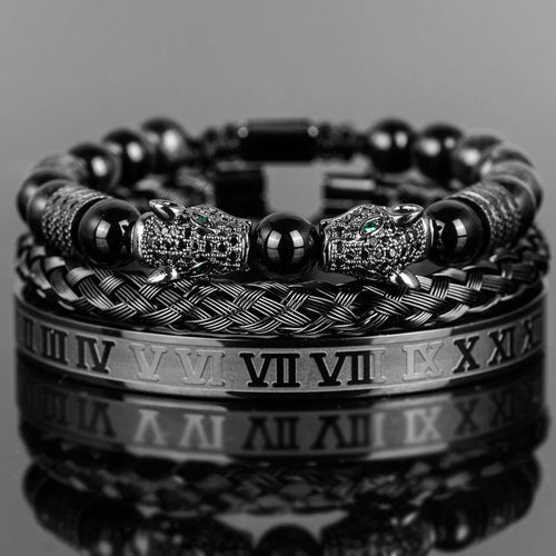 3PCS Mens Premium Black Agate Beaded Bracelet Set