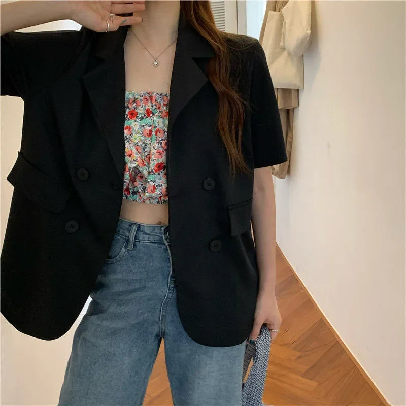 SMVP 2025 Women's Summer Short-sleeved Jacket Casual All-match Loose Double-breasted Blazers Coat Woman Korean Chic White Blazer