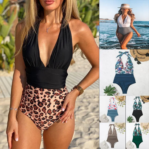 Fashion Printed One Piece Swimsuit Women Bathing Suit Sexy Bikinis Swimming Suits Ladies Beachwear Backless Lace Up Swimwear