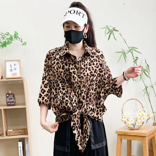 Summer Mid-sleeved Bat Shirt Leopard Print Shirt Middle-aged Mother